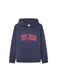 Navy blue hoodie with a kangaroo pocket, ribbed cuffs, and hem. Features "PEPE JEANS LONDON" in red on the front. Soft cotton material.
