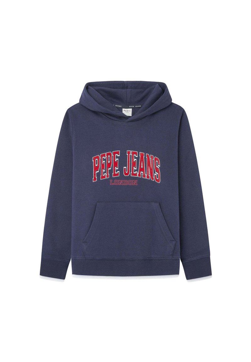 Navy blue hoodie with a kangaroo pocket, ribbed cuffs, and hem. Features "PEPE JEANS LONDON" in red on the front. Soft cotton material.