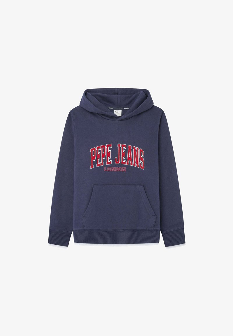 Sudadera azul marino con bolsillo canguro, puños y dobladillo acanalados. Presenta "PEPE JEANS LONDON" en rojo en la parte delantera. Material de algodón suave.