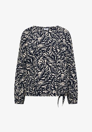 Bluzka z długim rękawem z abstrakcyjnym wzorem liści w kolorach granatowym i beżowym, okrągłym dekoltem, elastycznymi mankietami oraz wiązaniem po bokach u dołu.