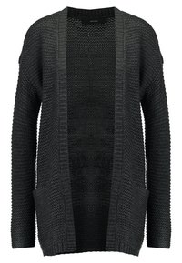 Cárdigan abierto de punto en gris oscuro, con mangas largas y dos bolsillos frontales.