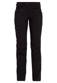 Svarta utomhusbyxor tillverkade av elastisk tyg. Har flera fickor med dragkedja, en figurnära design och sömnadsdetaljer för hållbarhet.