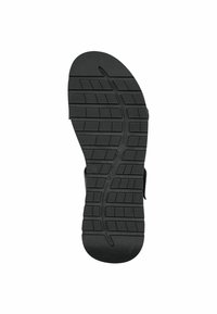 Schwarze Gummisohlen-Sandale mit einem strukturierten Muster für den Halt, verfügt über ausgeprägte Rillen und ein flaches Design für Stabilität.
