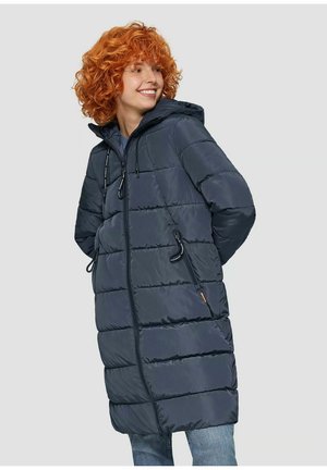Doudoune marine à capuche, avec des coutures horizontales, des poches zippées et des accents à cordon de serrage. Fabriquée en tissu lisse et résistant à l'eau.