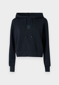 Tummansininen lyhyt huppari, jossa on naruhuppu, mustat yksityiskohdat ja logopatch etuosassa. Valmistettu sileästä ja pehmeästä kankaasta.
