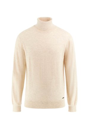 Šviesiai kreminio atspalvio golfo megztinis, pagamintas iš minkštos medžiagos, su ilgomis rankovėmis ir gipiūro detalėmis, su mažuoju logotipo akcentu šalia apačios.