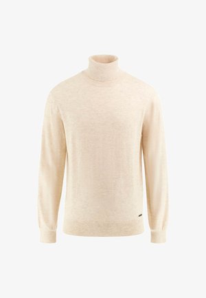 Maglione color crema chiaro a collo alto realizzato in tessuto morbido, con maniche lunghe e polsini a costine, caratterizzato da un piccolo logo vicino all'orlo.