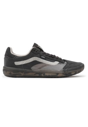 Black and gray sneaker featuring a breathable mesh upper, flat laces, signature logo, and a textured rubber sole with a camo pattern.
