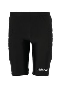 Pantalones cortos deportivos negros hechos de una tela elástica, con un panel texturizado que presenta diseños geométricos en los lados y un logo de marca en la parte frontal.