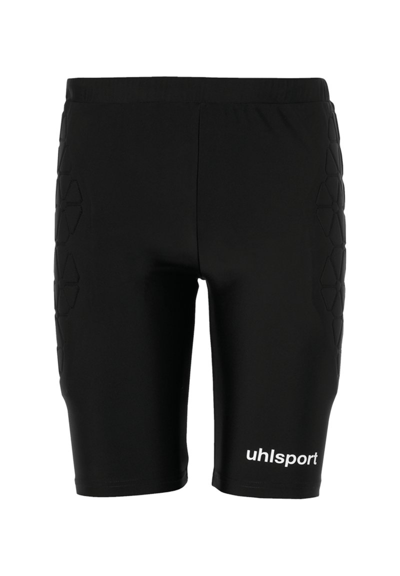 Pantalones cortos deportivos negros hechos de una tela elástica, con un panel texturizado que presenta diseños geométricos en los lados y un logo de marca en la parte frontal.