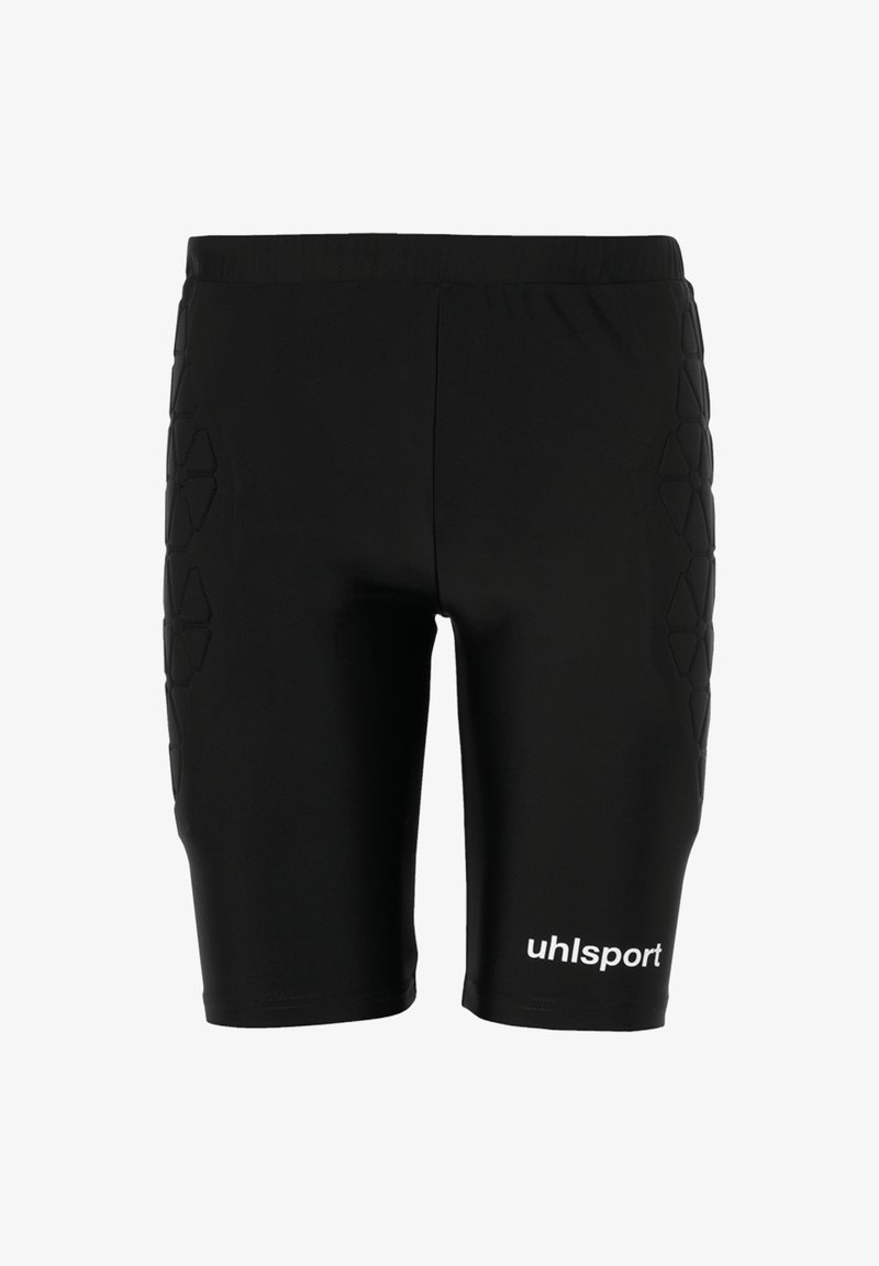 Pantalones cortos deportivos negros hechos de una tela elástica, con un panel texturizado que presenta diseños geométricos en los lados y un logo de marca en la parte frontal.
