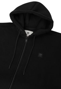Felpa nera con zip realizzata in tessuto morbido. Presenta una cerniera frontale, cappuccio con cordino e un piccolo logo ricamato sul petto.