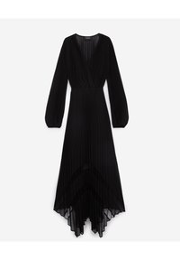 Schwarzes, langärmliges, gefältetes Midi-Kleid mit V-Ausschnitt, Wickeloberteil, geraffter Taille und asymmetrischem Taschentuchsaum.