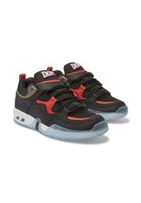 Black athletic shoes with red and blue accents, featuring a mesh upper, padded collar, lace-up closure, and translucent rubber sole.