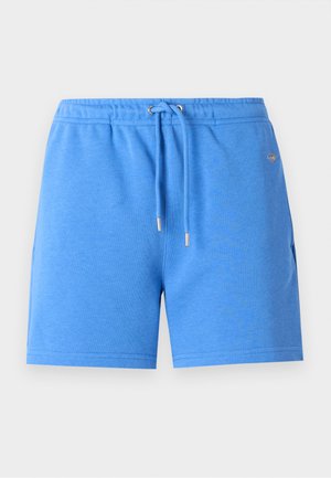Blue cotton shorts with an elastic waistband, drawstring, and gold-tone hardware. Feature a smooth texture and side pockets.