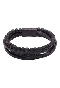 Zwarte leren armband met gevlochten en gladde strengen, afgewisseld met matte en gestructureerde kralen. Sluiting met metallic afwerking.