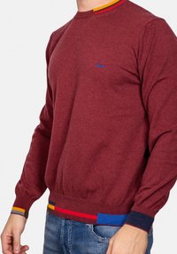 Bordeaux gebreide trui met geribbelde ronde halslijn, kleurrijke gestreepte accenten in geel, rood en blauw, en lange mouwen met manchetten.