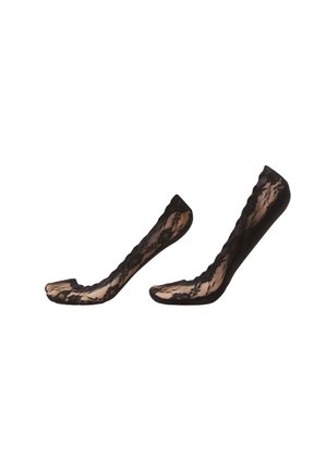 Paire de socquettes noires en dentelle transparente, présentée sur des formes en forme de pied sur fond blanc.