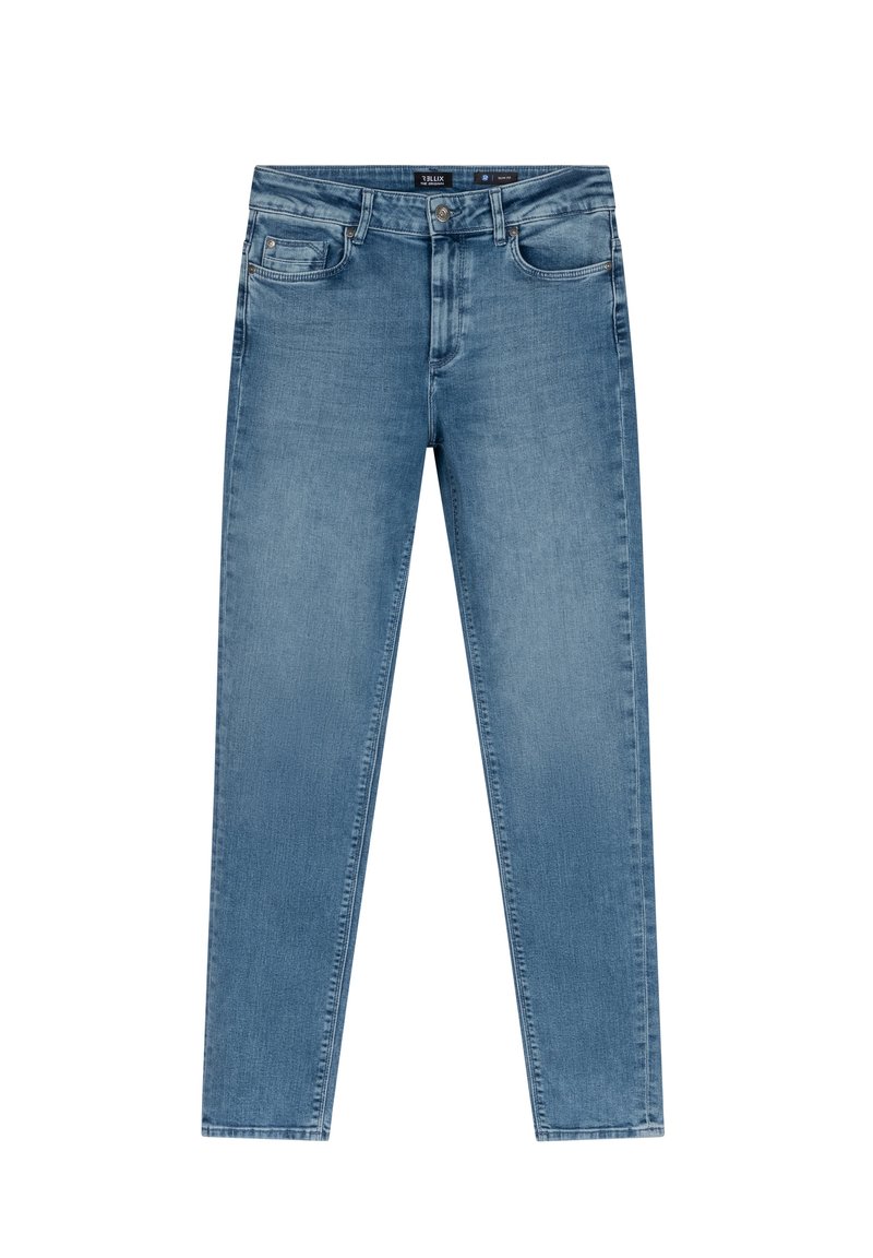 Ljust blå denimjeans med rak passform, femfickdesign och en subtilt blekt textur. Har en knappstängning och bälteshållare.