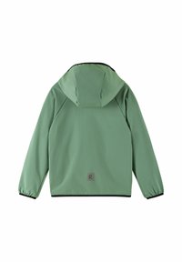Helle grüne Jacke mit Kapuze, elastischen Bündchen und einem kleinen Logopatch nahe dem Saum. Glatte Oberfläche mit minimalistischem Design.