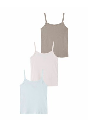 Tri ženske majice bez rukava u bojama taupe, svijetlo ružičastoj i svijetlo plavoj, složene na bijeloj pozadini.
