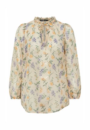 Floral blouse with a lightweight, sheer fabric. Features a high neckline with tie detail, long sleeves, and a beige background with colorful flowers.