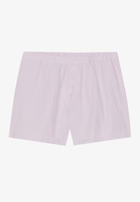 Light lavender cotton shorts with an elastic waistband and five-button fly. Features a smooth texture and relaxed fit.