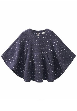 Poncho tricoté bleu foncé avec des pois blancs, manches larges, col rond et fermeture par bouton au dos.