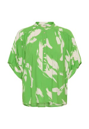 Groen shirt met witte penseelstreekpatronen, een hoge halslijn, knopen aan de voorkant en losse, korte mouwen. Zacht materiaal met een comfortabele pasvorm.