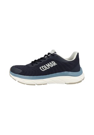 Marineblauer Colmar Laufschuh mit weißem Logo, schwarzen Schnürsenkeln, weißer gepolsterter Sohle und hellblauem Mittelsohlen-Akzent.