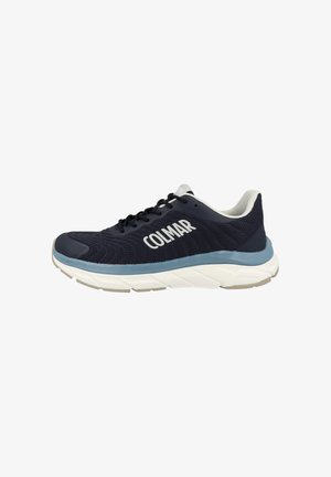 Chaussure de running Colmar bleu marine avec logo blanc, lacets noirs, semelle blanche amortie et accent bleu clair sur la semelle intermédiaire.