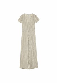 Combinaison rayée en beige et marron foncé, avec un design enveloppant, des manches courtes, des jambes larges et un tissu texturé.