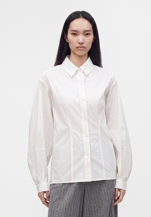 Femme aux longs cheveux noirs portant une chemise blanche boutonnée avec des manches bouffantes et un pantalon gris à fines rayures sur un fond blanc uni.