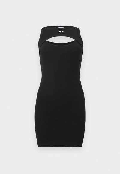 Robe noire côtelée avec un détail découpé, design sans manches et une silhouette ajustée. L'étiquette indique "OFF" sur le devant.