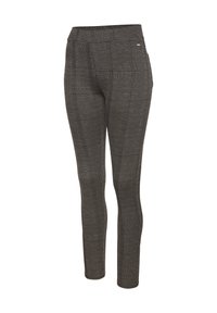 Slim-fit women's trousers with a brown and black checkered pattern and a high waistband.