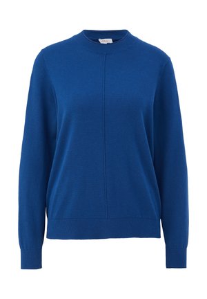 Pull bleu à manches longues avec col rond, poignets et ourlet côtelés, présentant une couture verticale centrale à l'avant.