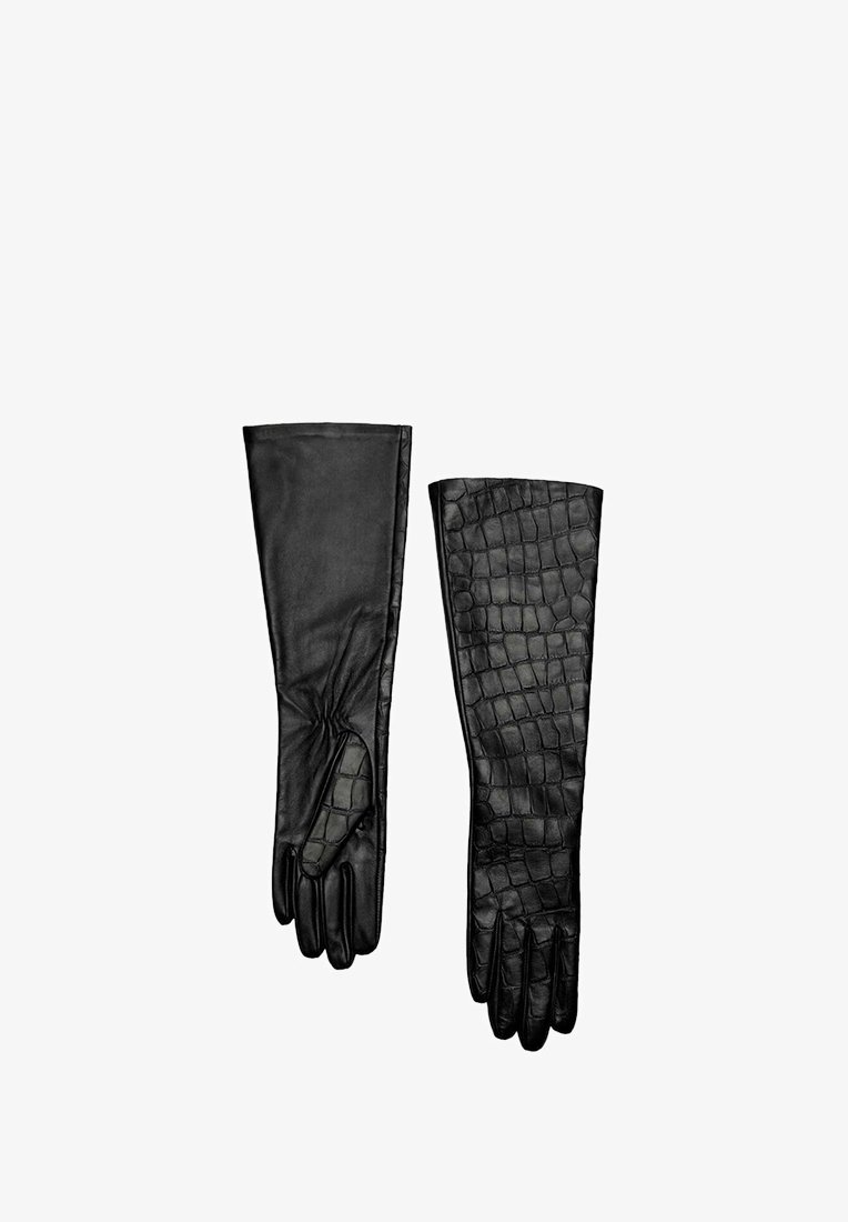 Black leather gloves, one smooth and the other with a textured crocodile pattern, both with long wrist coverage and tapered finger design.