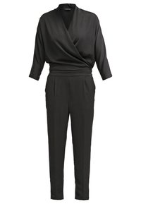 Combinaison noire à manches longues avec haut cache-cœur à col en V et pantalon ajusté taille haute fuselé, fabriquée en tissu lisse.