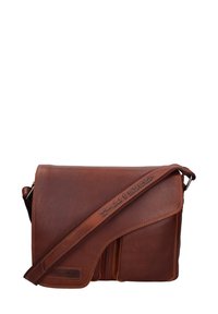 Borsa a tracolla in pelle marrone con pattina, tracolla regolabile e scomparti multipli. Tessuto liscio con dettagli cuciti.
