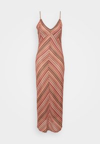 Strappy maxi dress featuring a chevron pattern in shades of pink, orange, and brown, made from a lightweight, textured fabric.