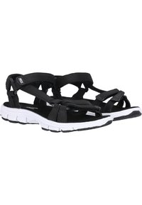 Black sport sandals with adjustable straps, a textured black upper, and a white and black rubber sole featuring a patterned tread.