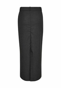 Grå ternet blyantskirt med en lige silhuet, talje, sideslids og glat tekstur. Designet til et skræddersyet udseende.
