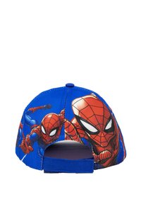 Blaues Cap mit zwei Spiderman-Illustrationen. Aus Stoff gefertigt mit einer strukturierten Form. Der Verschluss auf der Rückseite ist ein verstellbarer Riemen.