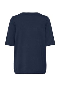 Tengerészkék rövid ujjú póló sima pamutból; lekerekített nyakkivágással és egyenes szabású hátrésszel a letisztult dizájnért.