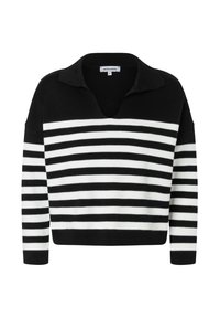 Zwart-wit gestreepte trui met een kraag, losse pasvorm en lange mouwen. Gemaakt van zachte gebreide stof met contrasterende strepen.