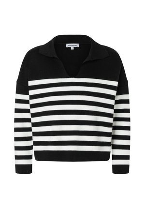 Schwarz-weiß gestreifter Pullover mit Kragen, lockerem Schnitt und langen Ärmeln. Hergestellt aus weichem Strickstoff mit kontrastierenden Streifen.