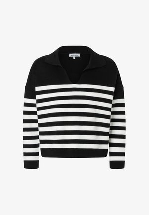 Schwarz-weiß gestreifter Pullover mit Kragen, lockerem Schnitt und langen Ärmeln. Hergestellt aus weichem Strickstoff mit kontrastierenden Streifen.