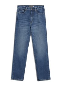 Blå denimjeans med rak benstil, klassisk femfickdesign och subtila blekningar. Påsydda med gult tråd.