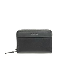 Black leather wallet with a zip closure, featuring a textured surface, stitched edges, and a front card slot. Subtle brand logo displayed.