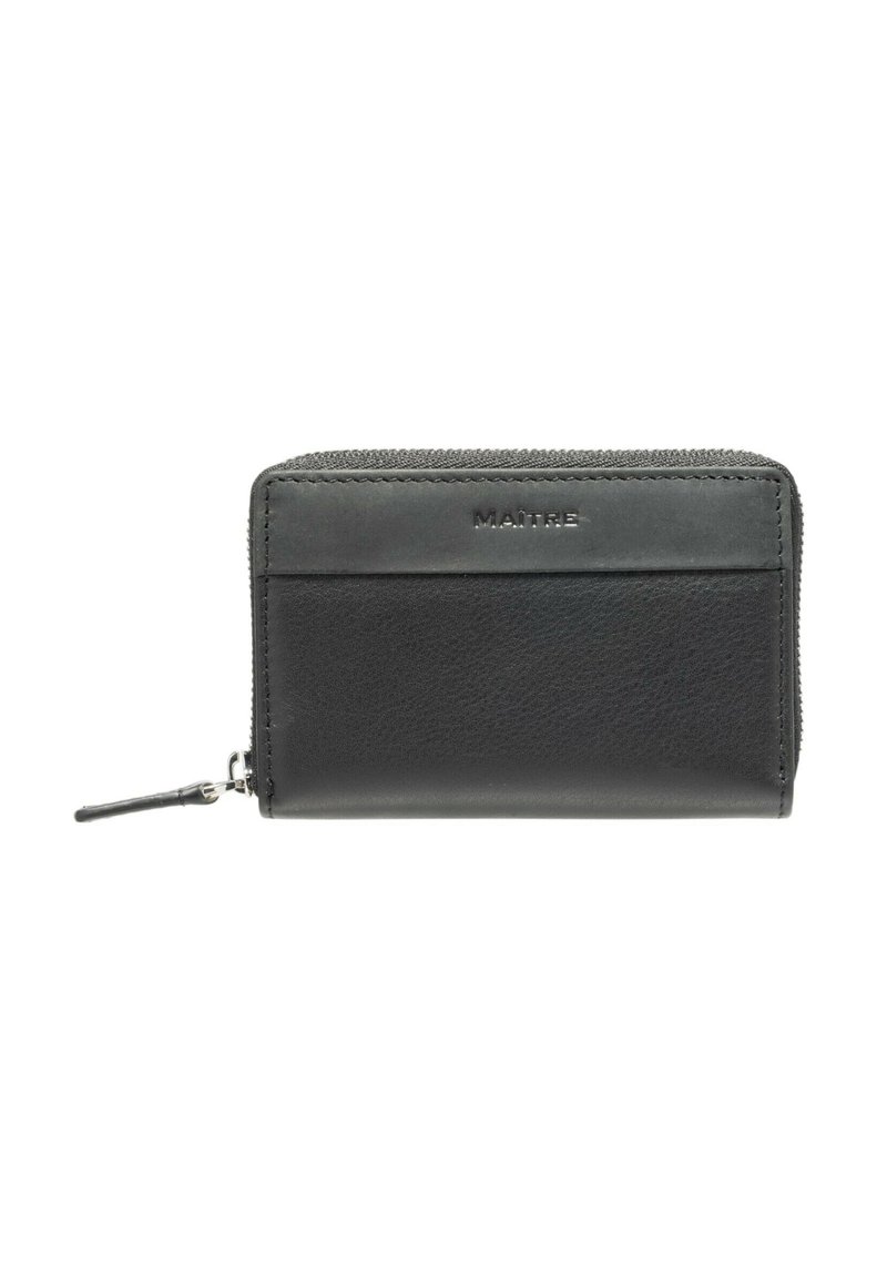 Black leather wallet with a zip closure, featuring a textured surface, stitched edges, and a front card slot. Subtle brand logo displayed.